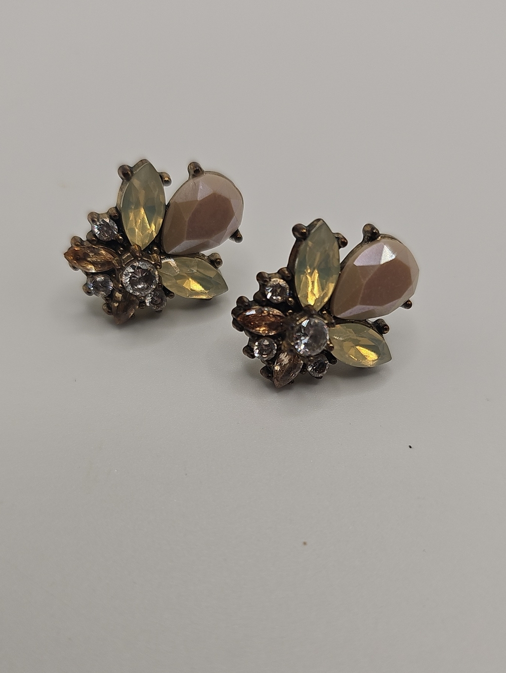 Crystal Cluster Stud Earrings - Beige and Yellow, Reinstones. Looks Like A BEE